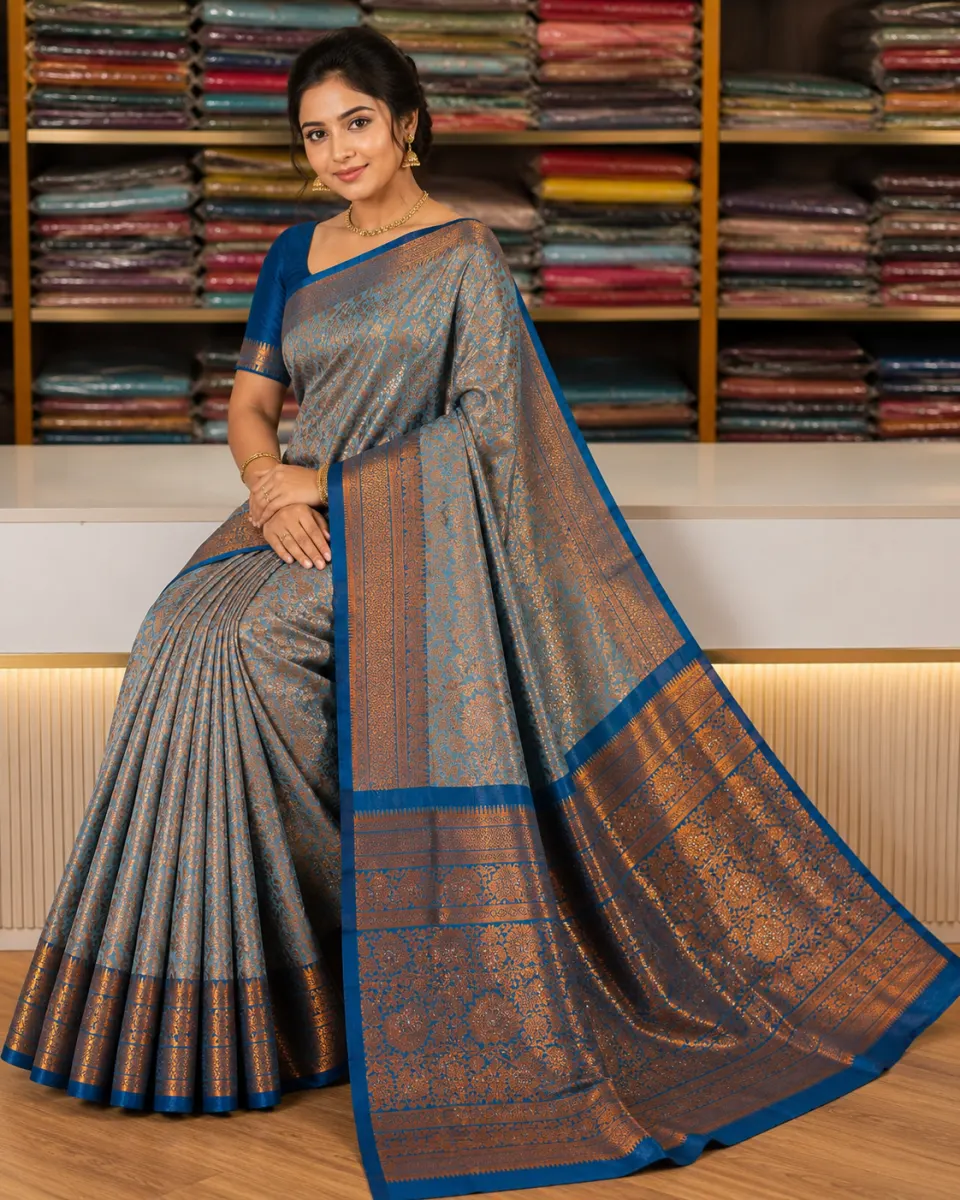 Premium Sky Blue Soft Silk Saree | Rich Copper Zari Border