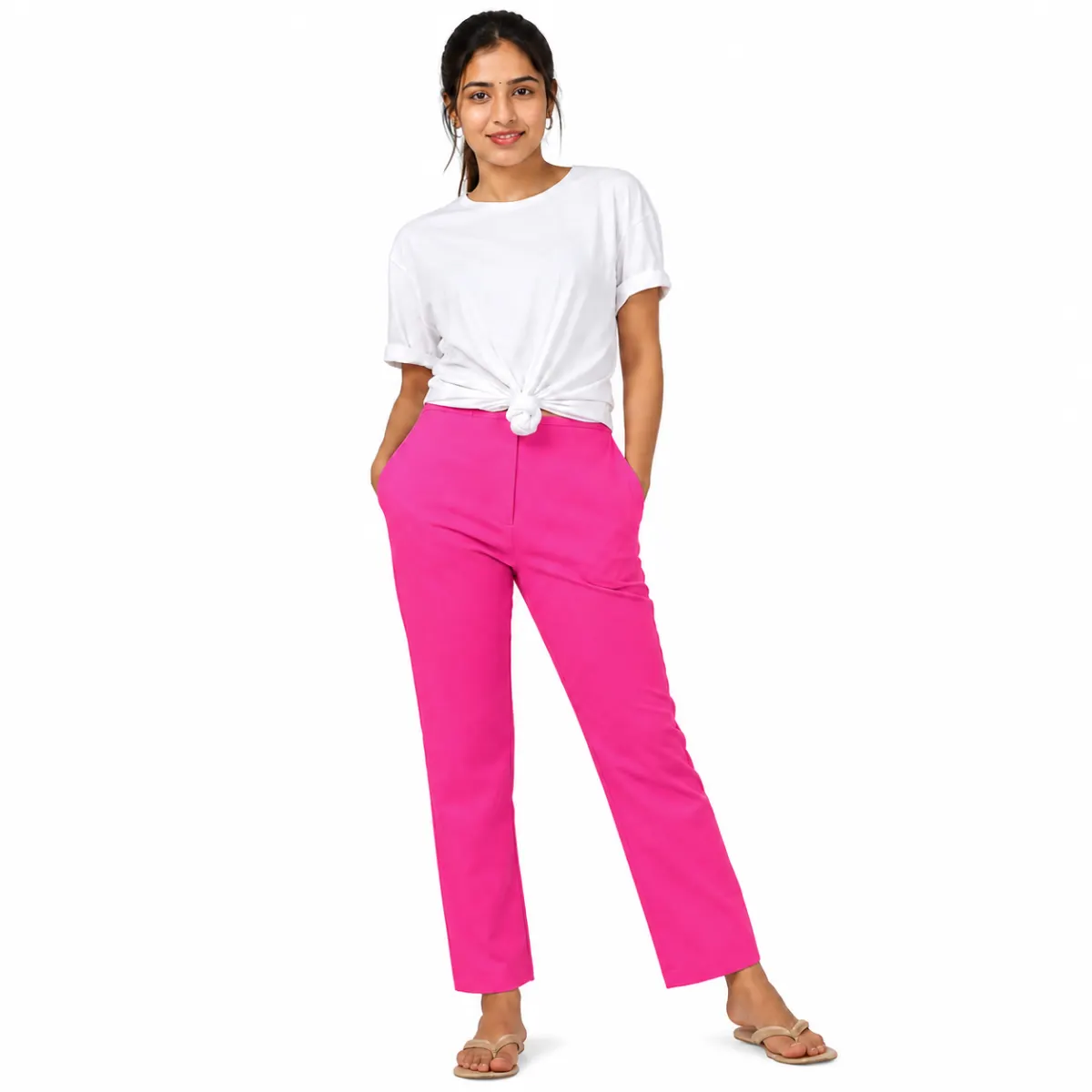 Women's Straight Cut Cotton Pant – Pink | Comfortable Casual Wear